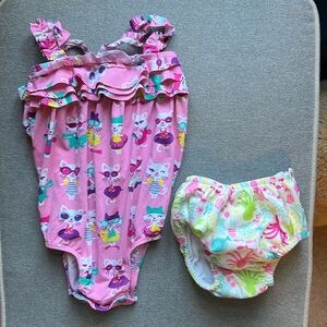 12Mo Hatley Swim Baby girls 1 Piece Cat Bathing Suit + Green Sprouts Swim Diaper